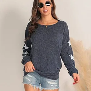 Womens Knit Pullover Sweater Star Print Lightweight Cute Long Sleeves Top