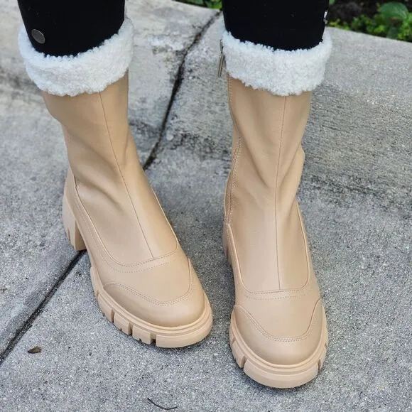 Women's Sherpa Faux Fur Ankle Boot Nude Color