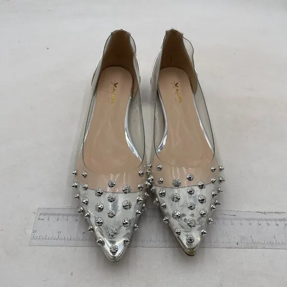 XYD Women Rhinestones Studded Ballet Flats Mesh Rivets Hidden Heels Silver Studs