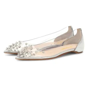 XYD Women Rhinestones Studded Ballet Flats Mesh Rivets Hidden Heels Silver Studs