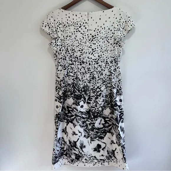 Yeohlee Floral print Sheath Midi Dress Cap Sleeves, Boat Neck, Black &amp; White, 8