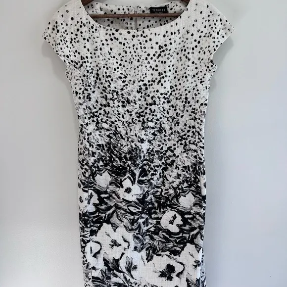 Yeohlee Floral print Sheath Midi Dress Cap Sleeves, Boat Neck, Black &amp; White, 8