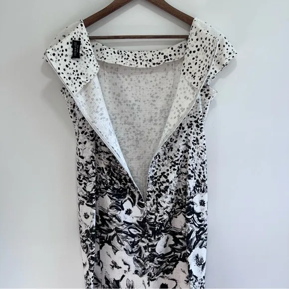 Yeohlee Floral print Sheath Midi Dress Cap Sleeves, Boat Neck, Black &amp; White, 8