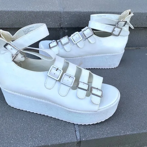 YRU Chunky Platform SANDALS strappy white buckles wedges Heels Y2K 90s Mirage 10