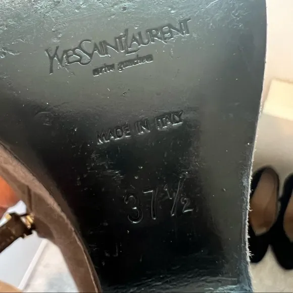 YSL gray suede lace up back wedges