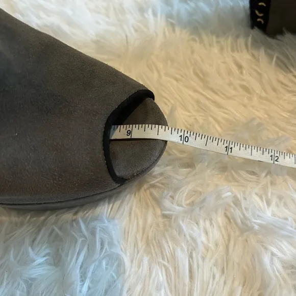 YSL gray suede lace up back wedges