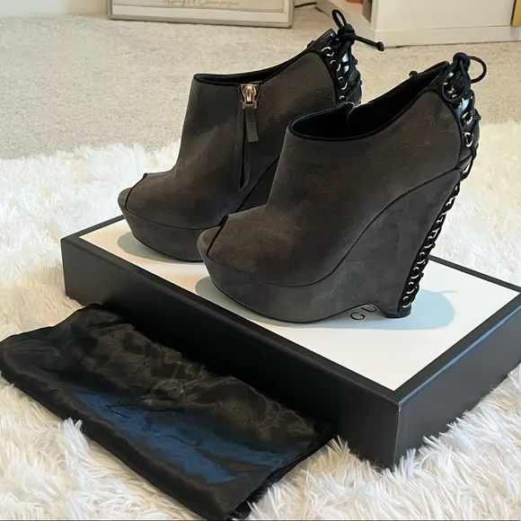 YSL gray suede lace up back wedges