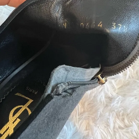 YSL gray suede lace up back wedges