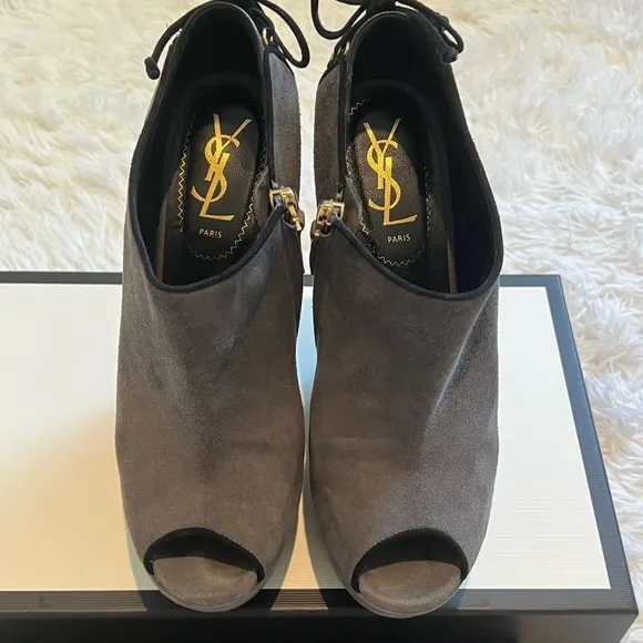 YSL gray suede lace up back wedges