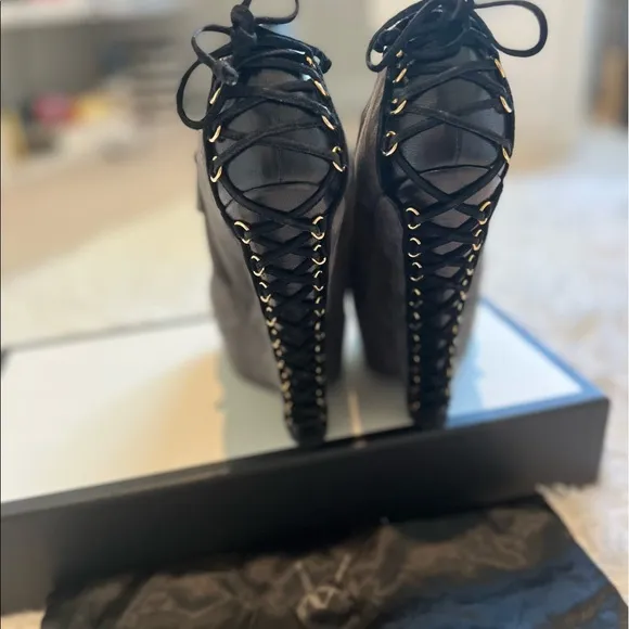 YSL gray suede lace up back wedges