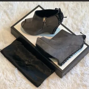 YSL gray suede lace up back wedges