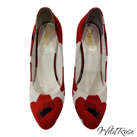 YSL Saint Laurent Red Floral Poppy “Maryna” Wood Wedge Platform Heels SZ 40.5