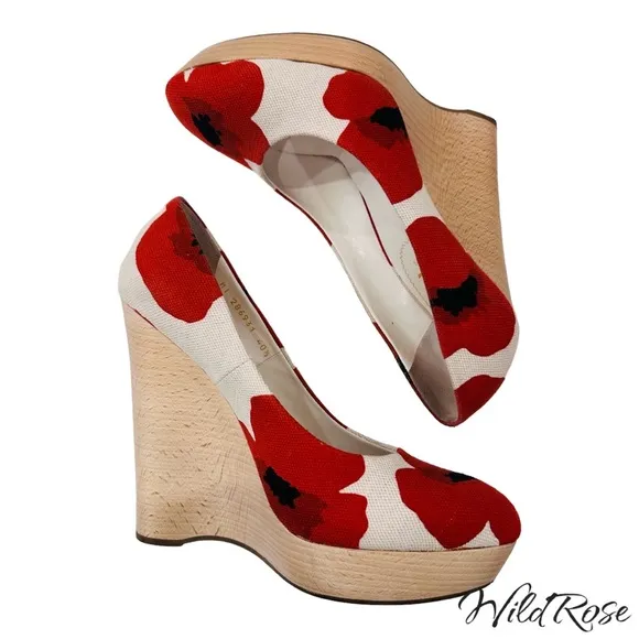 YSL Saint Laurent Red Floral Poppy “Maryna” Wood Wedge Platform Heels SZ 40.5
