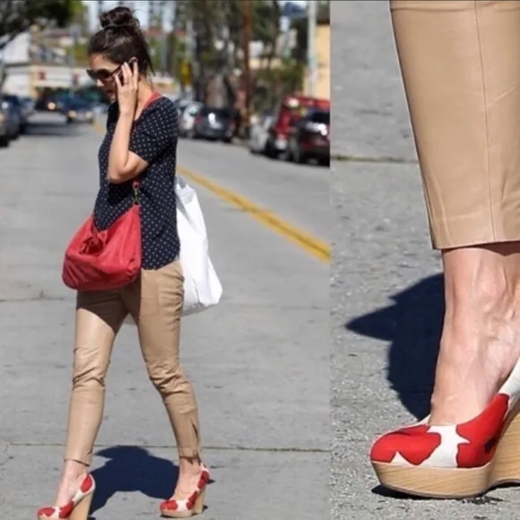 YSL Saint Laurent Red Floral Poppy “Maryna” Wood Wedge Platform Heels SZ 40.5