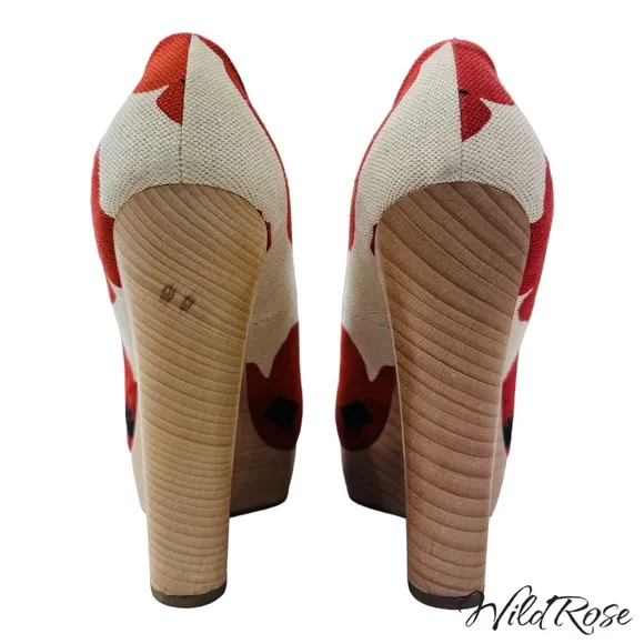 YSL Saint Laurent Red Floral Poppy “Maryna” Wood Wedge Platform Heels SZ 40.5