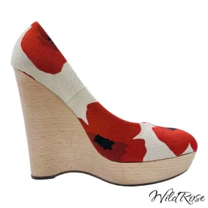 YSL Saint Laurent Red Floral Poppy “Maryna” Wood Wedge Platform Heels SZ 40.5