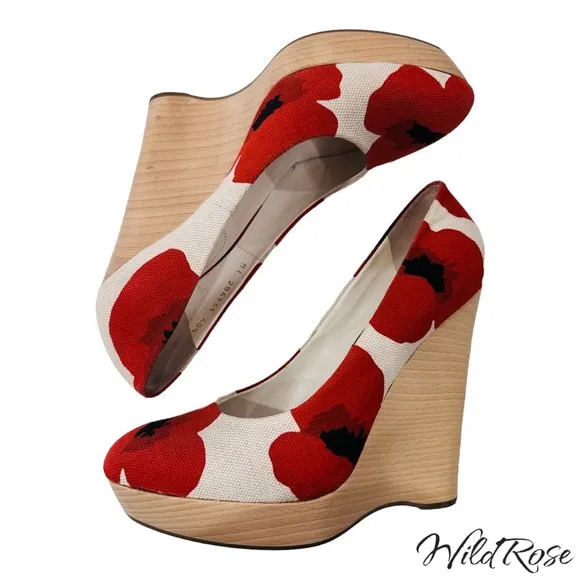 YSL Saint Laurent Red Floral Poppy “Maryna” Wood Wedge Platform Heels SZ 40.5