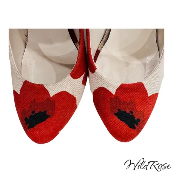 YSL Saint Laurent Red Floral Poppy “Maryna” Wood Wedge Platform Heels SZ 40.5