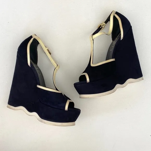 Yves Saint Laurent Navy Suede Wedges Size 36