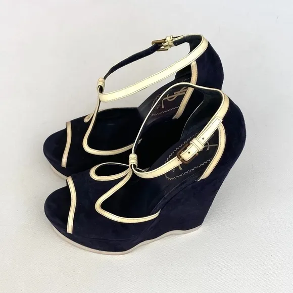 Yves Saint Laurent Navy Suede Wedges Size 36