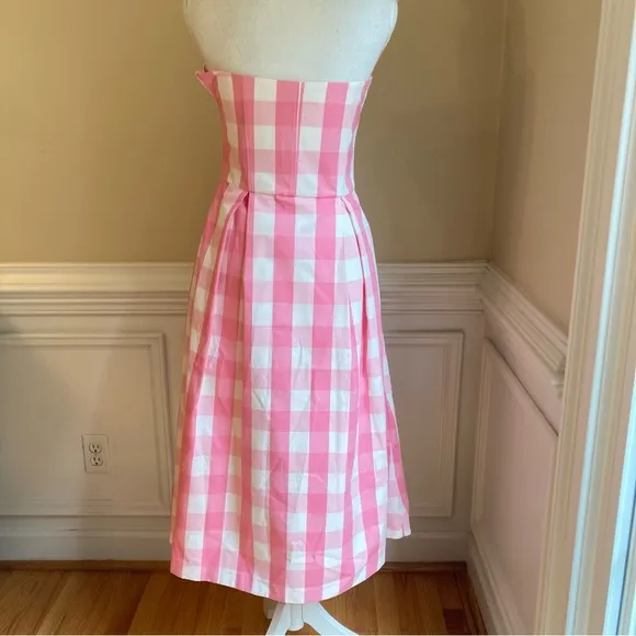 ZARA BARBIE Pink White Gingham Check Plaid Strapless Cotton Fit Flare Midi Dress