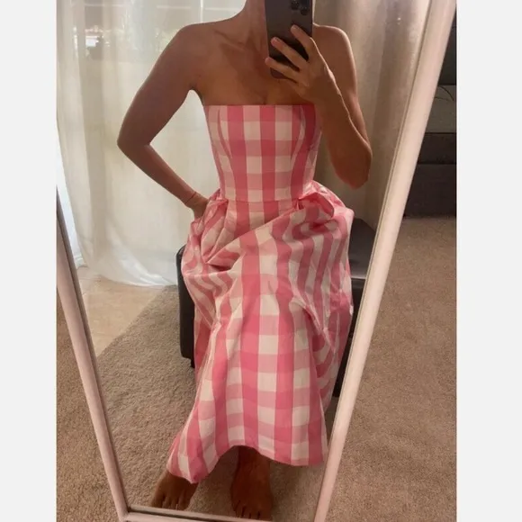 ZARA BARBIE Pink White Gingham Check Plaid Strapless Cotton Fit Flare Midi Dress
