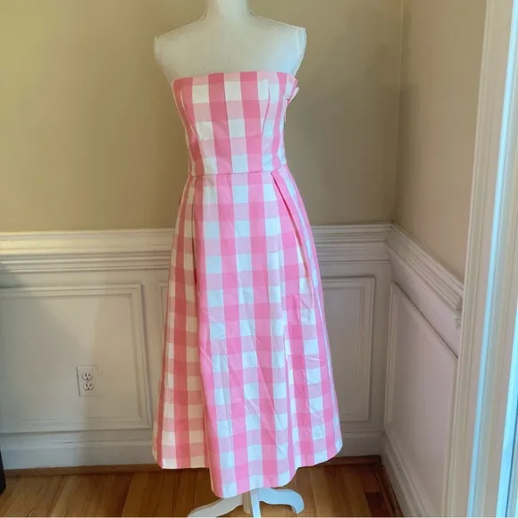 ZARA BARBIE Pink White Gingham Check Plaid Strapless Cotton Fit Flare Midi Dress