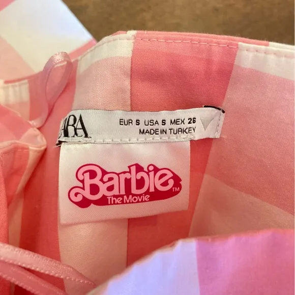 ZARA BARBIE Pink White Gingham Check Plaid Strapless Cotton Fit Flare Midi Dress