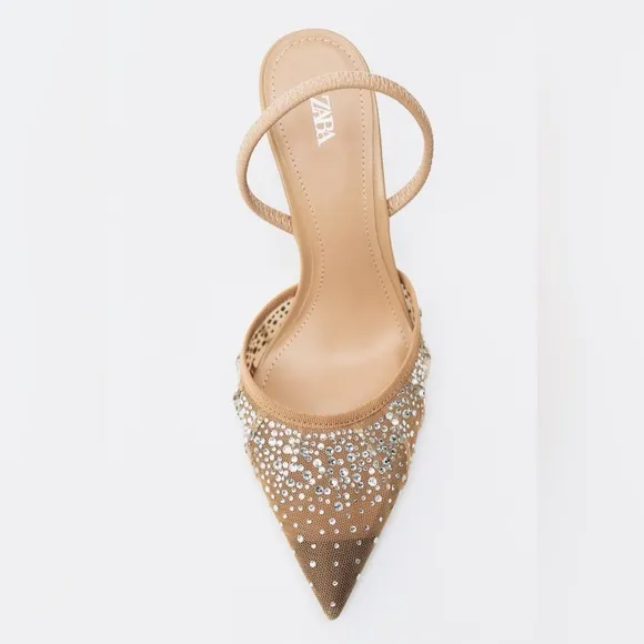Zara beige tan mesh rhinestone embellished slingback pointed toe kitten heels