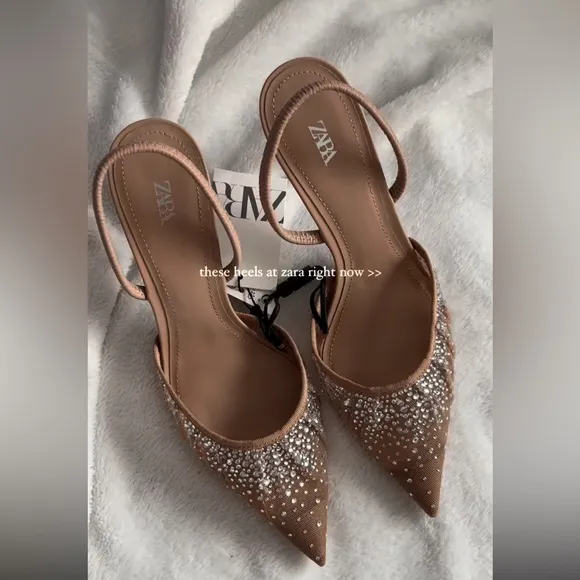 Zara beige tan mesh rhinestone embellished slingback pointed toe kitten heels