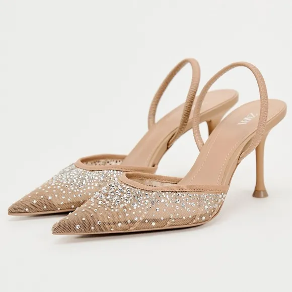 Zara beige tan mesh rhinestone embellished slingback pointed toe kitten heels