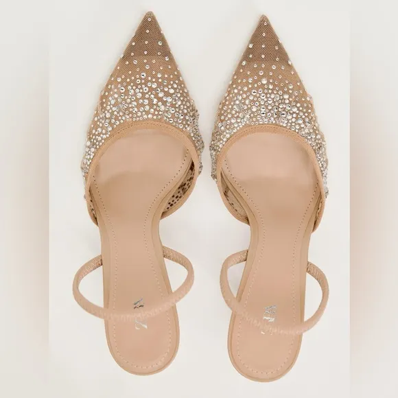 Zara beige tan mesh rhinestone embellished slingback pointed toe kitten heels