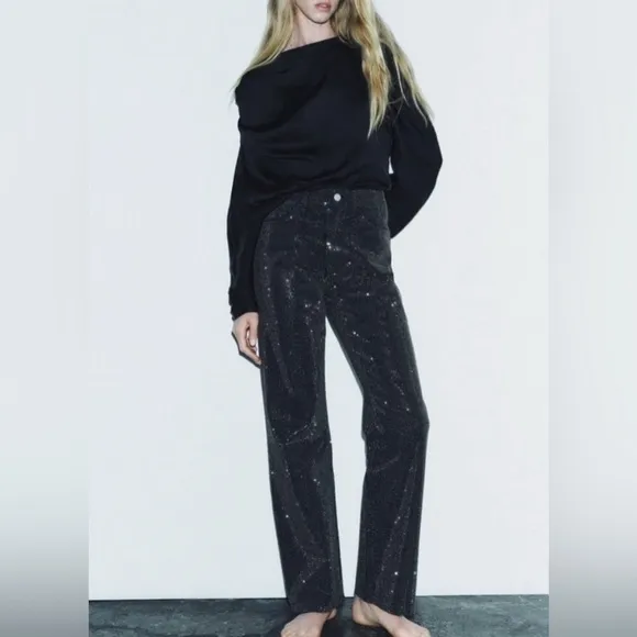 ZARA Black Encrusted Embellishment Mid Rise Jeans NWT