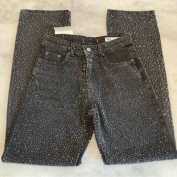 ZARA Black Encrusted Embellishment Mid Rise Jeans NWT
