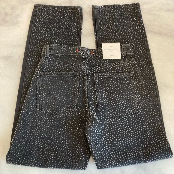 ZARA Black Encrusted Embellishment Mid Rise Jeans NWT