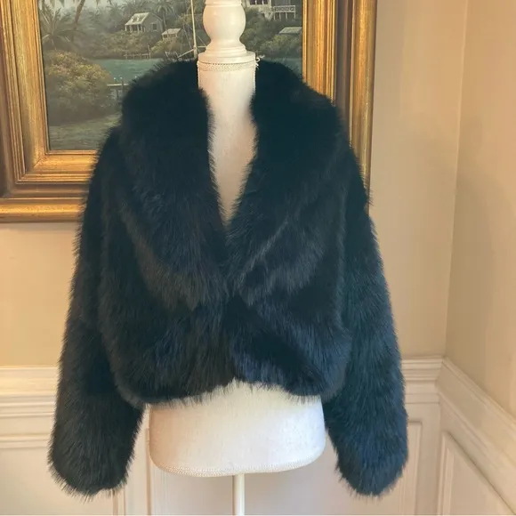 ZARA Black Faux Fur Cropped Coat Jacket NWT