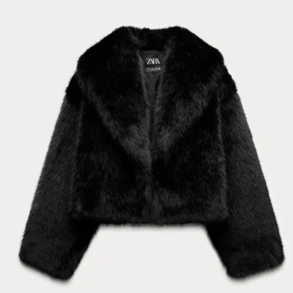 ZARA Black Faux Fur Cropped Coat Jacket NWT