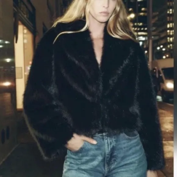 ZARA Black Faux Fur Cropped Coat Jacket NWT