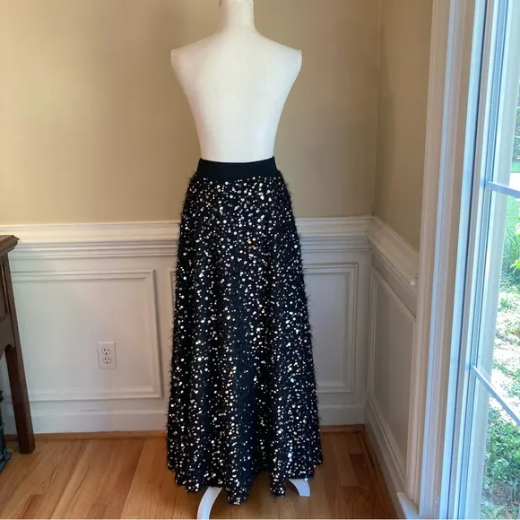 ZARA Black Fuzzy Fur Sweater Sequin Pearl Full Maxi Skirt