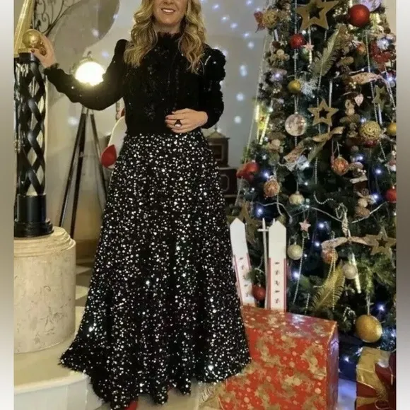 ZARA Black Fuzzy Fur Sweater Sequin Pearl Full Maxi Skirt