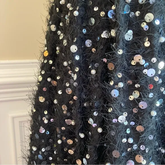 ZARA Black Fuzzy Fur Sweater Sequin Pearl Full Maxi Skirt