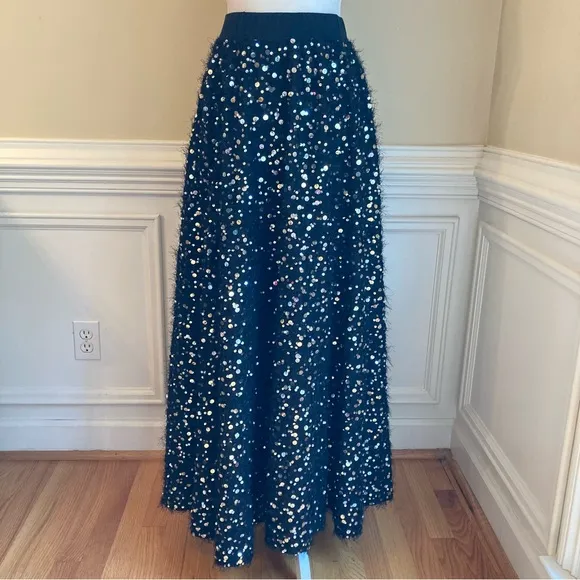 ZARA Black Fuzzy Fur Sweater Sequin Pearl Full Maxi Skirt