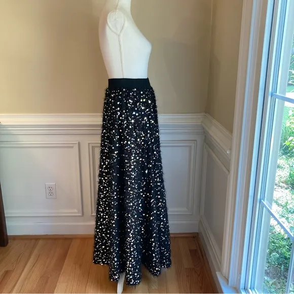 ZARA Black Fuzzy Fur Sweater Sequin Pearl Full Maxi Skirt