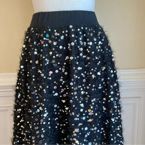 ZARA Black Fuzzy Fur Sweater Sequin Pearl Full Maxi Skirt