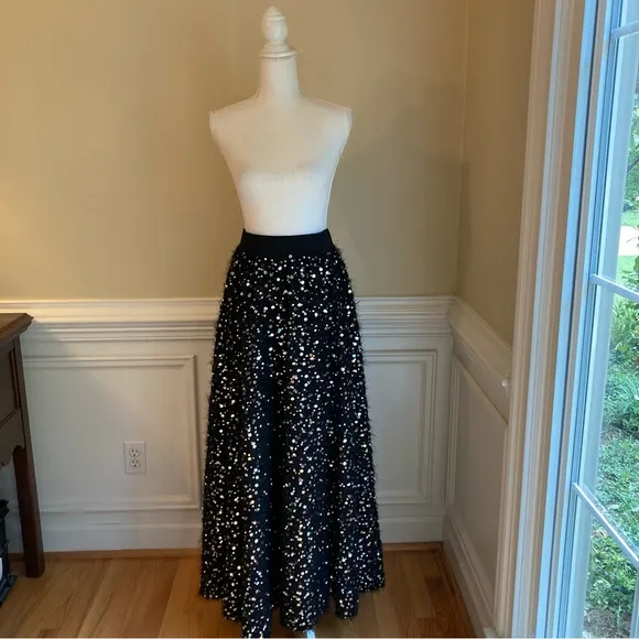 ZARA Black Fuzzy Fur Sweater Sequin Pearl Full Maxi Skirt