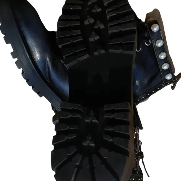 Zara Black Silver Studded Pearl Accents &amp; Buckles Back Zip Combat Boots Size 38.