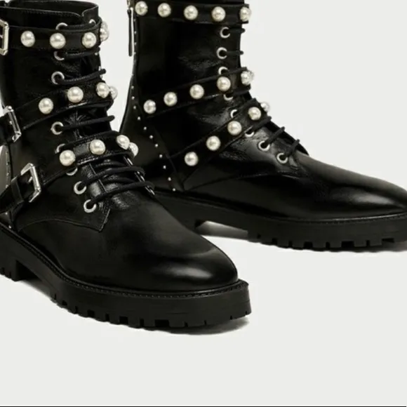 Zara Black Silver Studded Pearl Accents &amp; Buckles Back Zip Combat Boots Size 38.