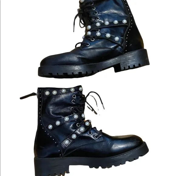 Zara Black Silver Studded Pearl Accents &amp; Buckles Back Zip Combat Boots Size 38.