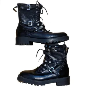 Zara Black Silver Studded Pearl Accents &amp; Buckles Back Zip Combat Boots Size 38.