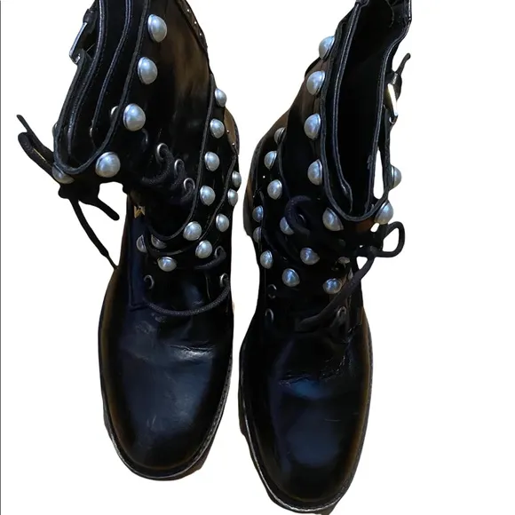Zara Black Silver Studded Pearl Accents &amp; Buckles Back Zip Combat Boots Size 38.